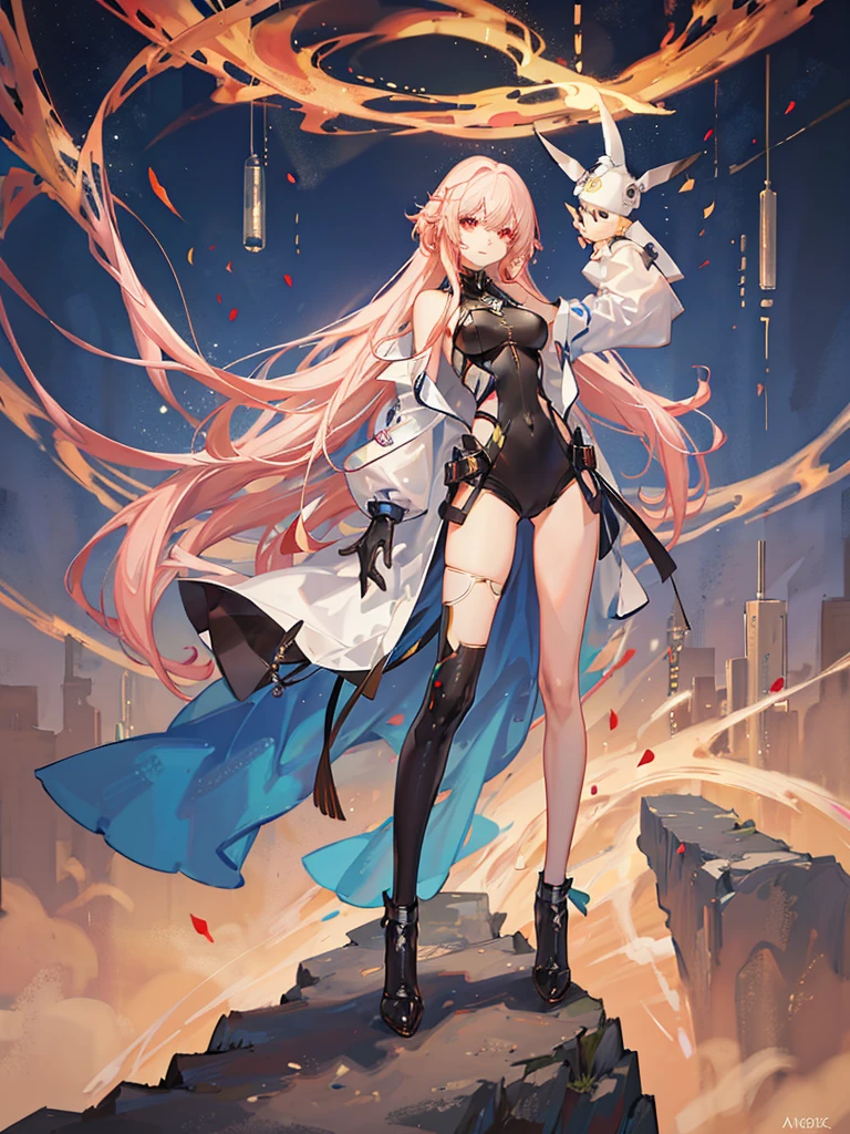 1 robot girl, android, robot style fingers, robot style legs, humanized android, looks perfectly like human being, beautiful girl, wearing scientist clothes, white coat, rose gold hair, shoulder length hair, straight hair, fiery red eyes, smiling mysteriously, looking at the viewer, apocalyptic science fiction sensation, posing scientist pose, with apocalypse background, falling buildings, sci-fi sensation, robotic background, scientific background
