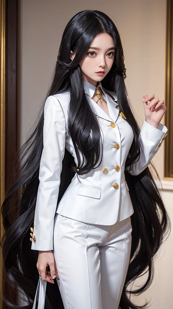 business woman, beautiful woman, Wear a suit and tie., Short skirt, businessuitwhite, กระโปรงดินสอสั้นwhite, businessuitรัดรูป, All white outfit, Emphasize the curves of the body, (สาวสวยTwo meter long hair, my hair is very long., extra long hair, long black hair), businessuit, (suitสไตล์อิตาลี, suitสองปุ่ม), (italian dress, white สูท, Set of two buttons), (wear women's clothes'suit, women's business suit, white), (สูทผู้หญิงwhite), (เสื้อเชิ้ตwhite), necktie, (necktieสั้นสีดำ, necktieสีดำ, necktieผอม, ถักnecktie), (military rank insignia), (Short pencil skirtwhite), (Dynamic posts), full body, (A gigantic rift), (big breasts, Thin body, small waist, hips raised, small thighs, Long legs), high-heelsสีดำ, (Short pencil skirt, white), Wearing a suit for a business woman, (Wearing a white businesสูท, businessuitหญิงwhite), (tight, military regalia, เสื้อwhite, กระโปรงwhite), Long legs, (black shoes), (Two gold สูท buttons, Two meter long hair, suitเข้ารูป, เสื้อสูทwhiteทรงธรรมดารัดรูป), (black shoes, high-heels), (stand, walk, elegant posture, Dynamic posts), short dress, earring, garden, modeling, ภาพfull body, เหมือนfull body