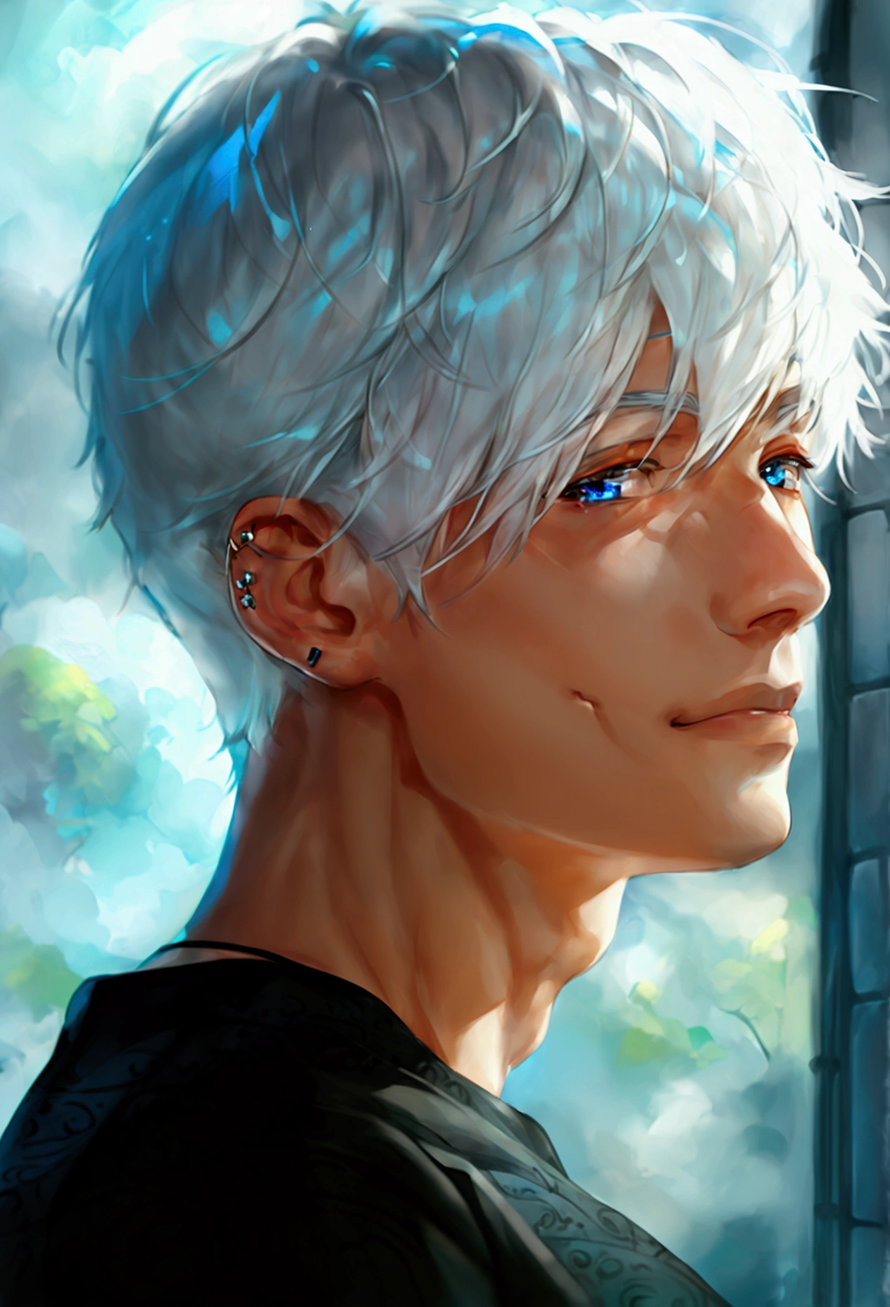 a smiling man with white short hair, piercing blue eyes, detailed facial features, chiseled jawline, warm expression, handsome, masculine, natural lighting, realistic, photorealistic, highly detailed, intricate details, high resolution, 8k, best quality, masterpiece