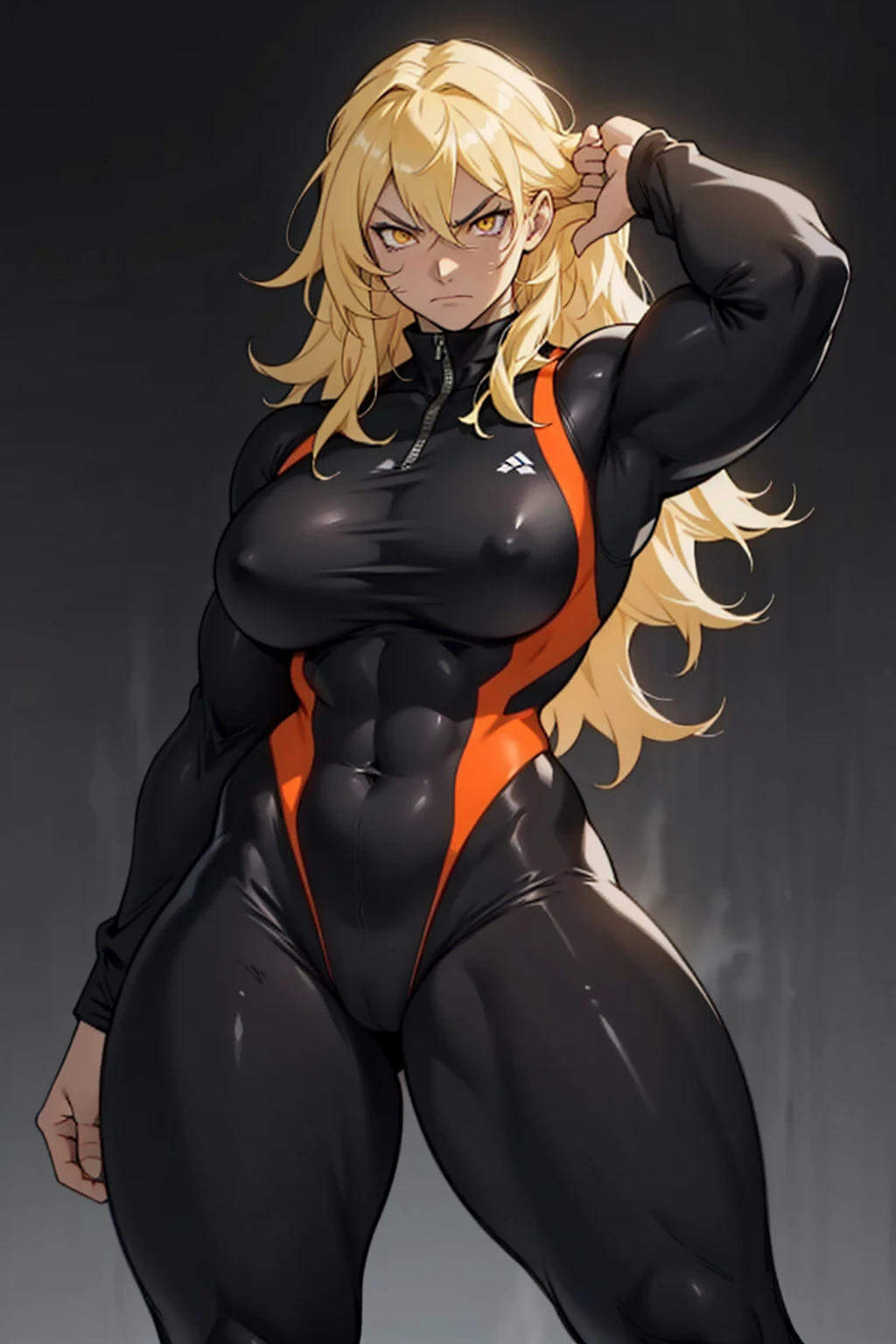 (bodybuilder) pale skin yellow eyes black hair very long hair 1girl huge breasts dark atmosphere thick thighs grey background one-piece swimsuit angry long sleeves leggings