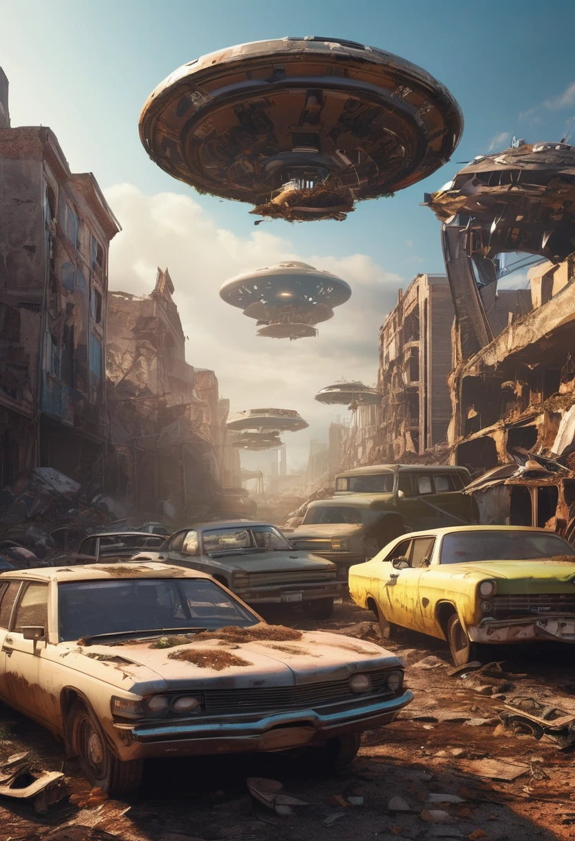 An old UFO and many neatly arranged cars in a junkyard,ruined city,Streets were destroyed,The City of Doom,Fragments,wasteland,desolate,profligate,Overgrown,deteriorating,3D Style)