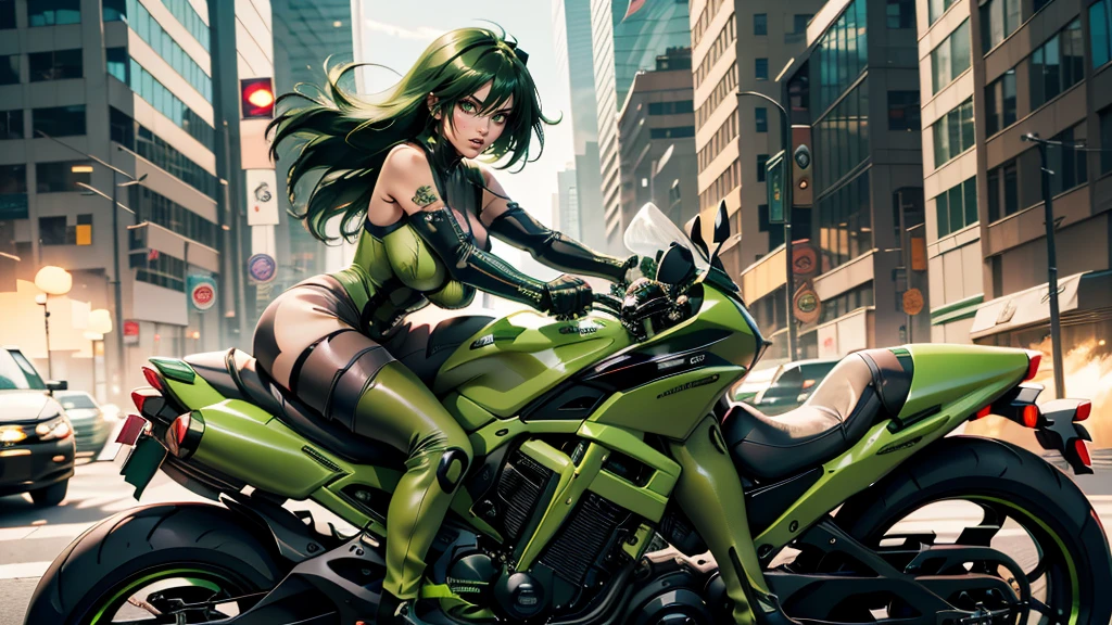 (1milf:1.2),dark green hair,(fat:0.7),woman on a motorcycle,high speed driving,black and green motorcycle,rapid driving,(integral with the motorcycle:1.2),electronic equipment,cyberpunk style,(exposed half dozen:1.5),ass_focus,human doomsday scene,anime girl in green costume rides green motorcycle in city,(black stockings:1.5),the right structure,trembling,