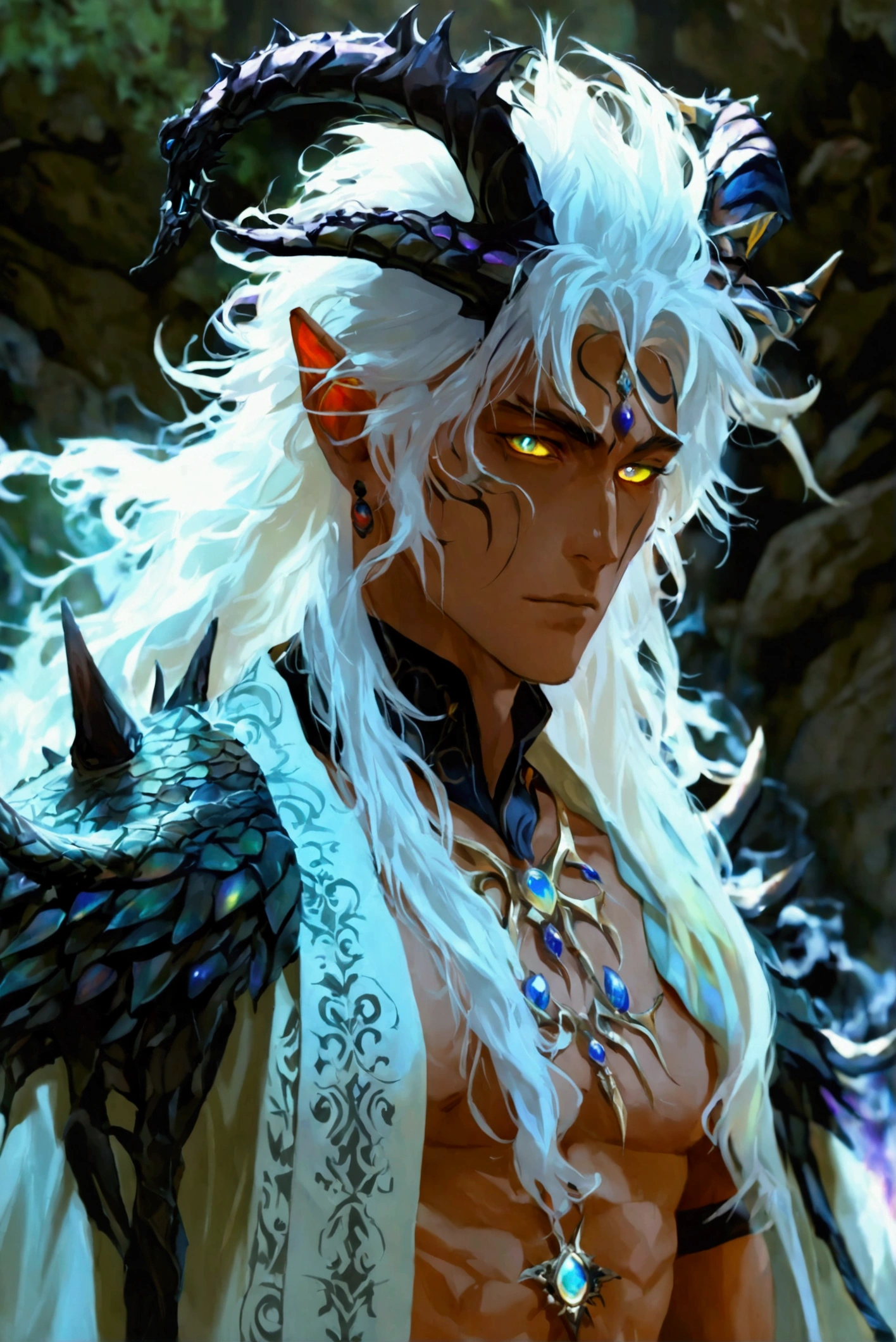 Solo, male teen, Character fusion: Nibelung fused with nidhoggr, odin and sun wukong, tall tanned man with wild unruly white hair, bangs on face, bangs, ((iridescent irises)), black sclera on eyes, long voluminous hair, spiky hair, pointy ears, fit , clawed fingers, dragon tail, open haori, turtleneck tanktop, dark crystal antlers, exhausted expression, khaenr'ah abyss, draconic person, s9vereign of the abyss, calamity incarnate, full body