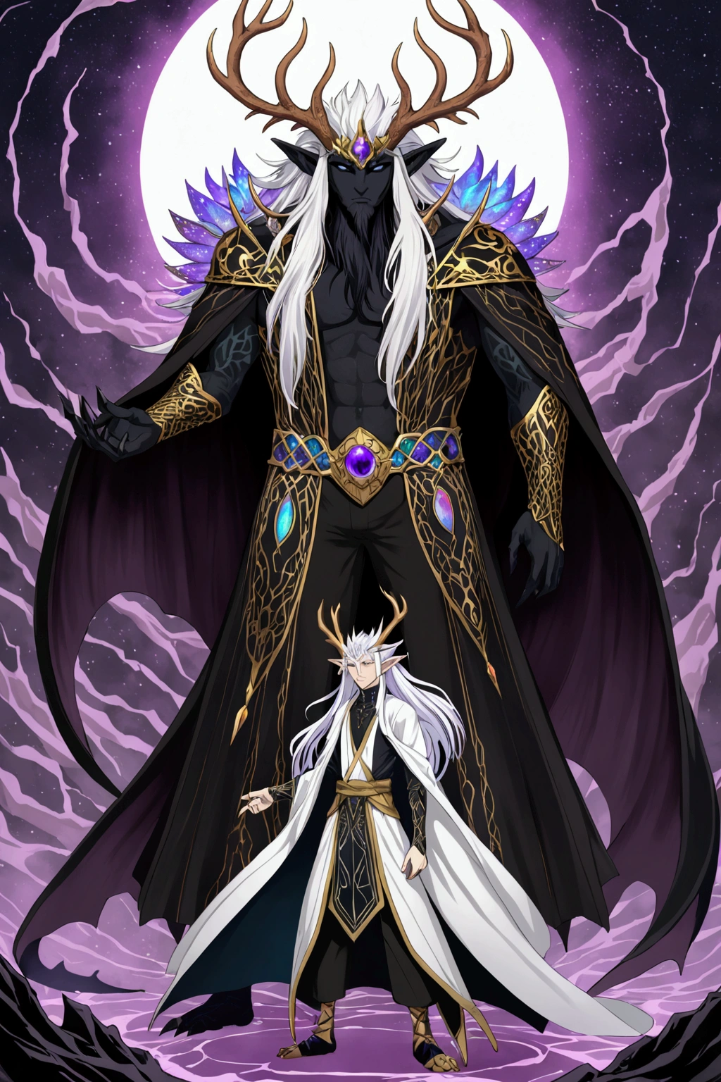 Solo, male teen, Character fusion: Nibelung fused with nidhoggr, odin and sun wukong, tall tanned man with wild unruly white hair, bangs on face, bangs, ((iridescent irises)), black sclera on eyes, long voluminous hair, spiky hair, pointy ears, fit , clawed fingers, dragon tail, open haori, turtleneck tanktop, dark crystal antlers, exhausted expression, khaenr'ah abyss, draconic person, s9vereign of the abyss, calamity incarnate, full body