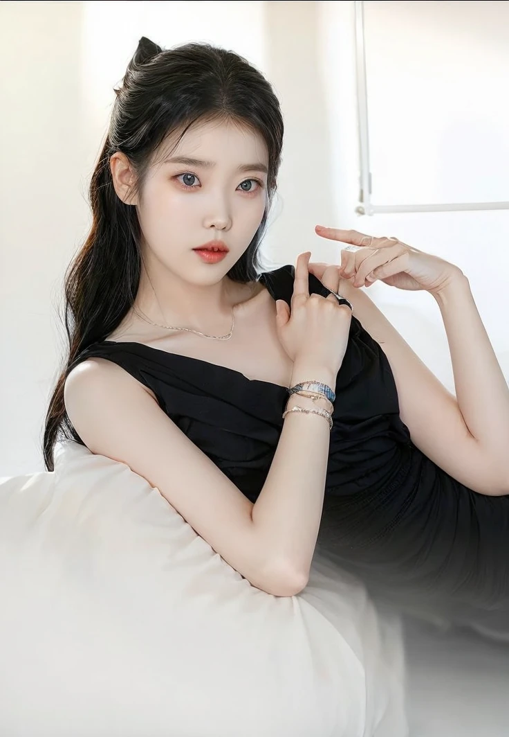 Korean singer IU, black gown, lovely and delicate face. long black hair, korean beauty, Korean young UI
