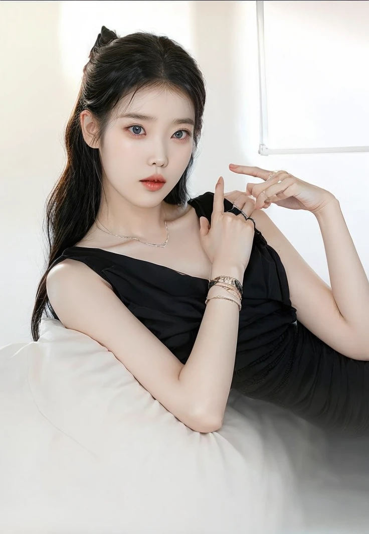 Korean singer IU, black gown, lovely and delicate face. long black hair, korean beauty, Korean young UI