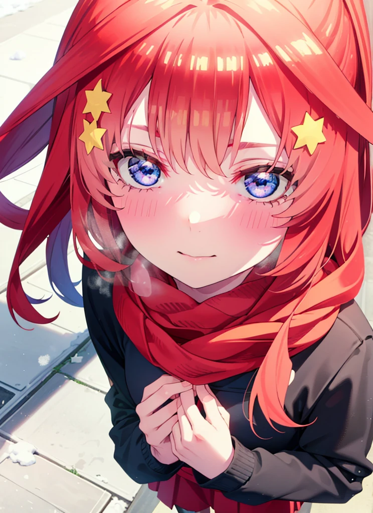 itsukinakano, itsuki nakano, bangs, blue eyes, Hair between the eyes, Ahoge, Redhead, star \(symbol\), hair ornaments, star hair ornaments,smile,Yellow scarf,red coat,White Tokkuri Sweater,Black long skirt,Black pantyhose,short boots,blush,White Breath,Close your mouth,It&#39;s snowing,It&#39;s snowing,Shirogane World,Walking,whole bodyがイラストに入るように,
break outdoors, Snow Country,Residential Street,
break looking at viewer, whole body,
break (masterpiece:1.2), Highest quality, High resolution, unity 8k wallpaper, (figure:0.8), (Beautiful attention to detail:1.6), Highly detailed face, Perfect lighting, Highly detailed CG, (Perfect hands, Perfect Anatomy),
