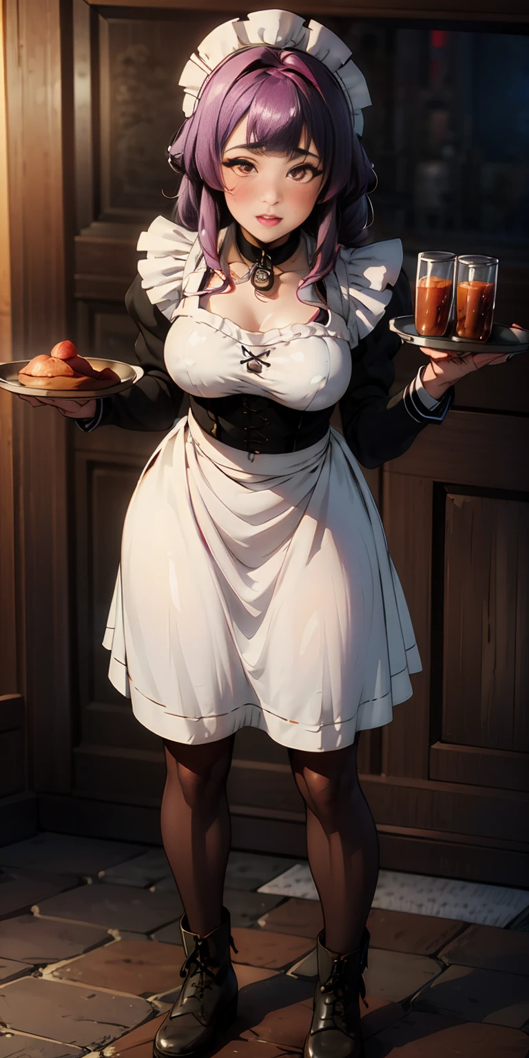 full body standing straight symmetrical, lustful smirking smile face red blush red cheeks, looking at viewer, holding tray, braid, maid headdress, maid, dress, apron, long sleeves, brown pantyhose, long leather militar boots, thighs, long white hair, masterpiece