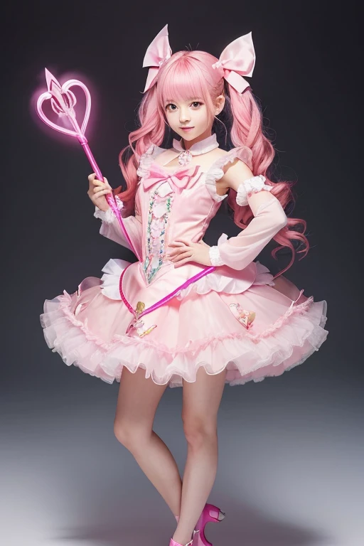 Girl with pink hair,ゴージャスなMagical girlの衣装, Pink dress with ribbons and frills, I have a magic wand in my hand, The tip of the wand is a glowing pink heart., Designed to look like a bow and arrow, Magical girl