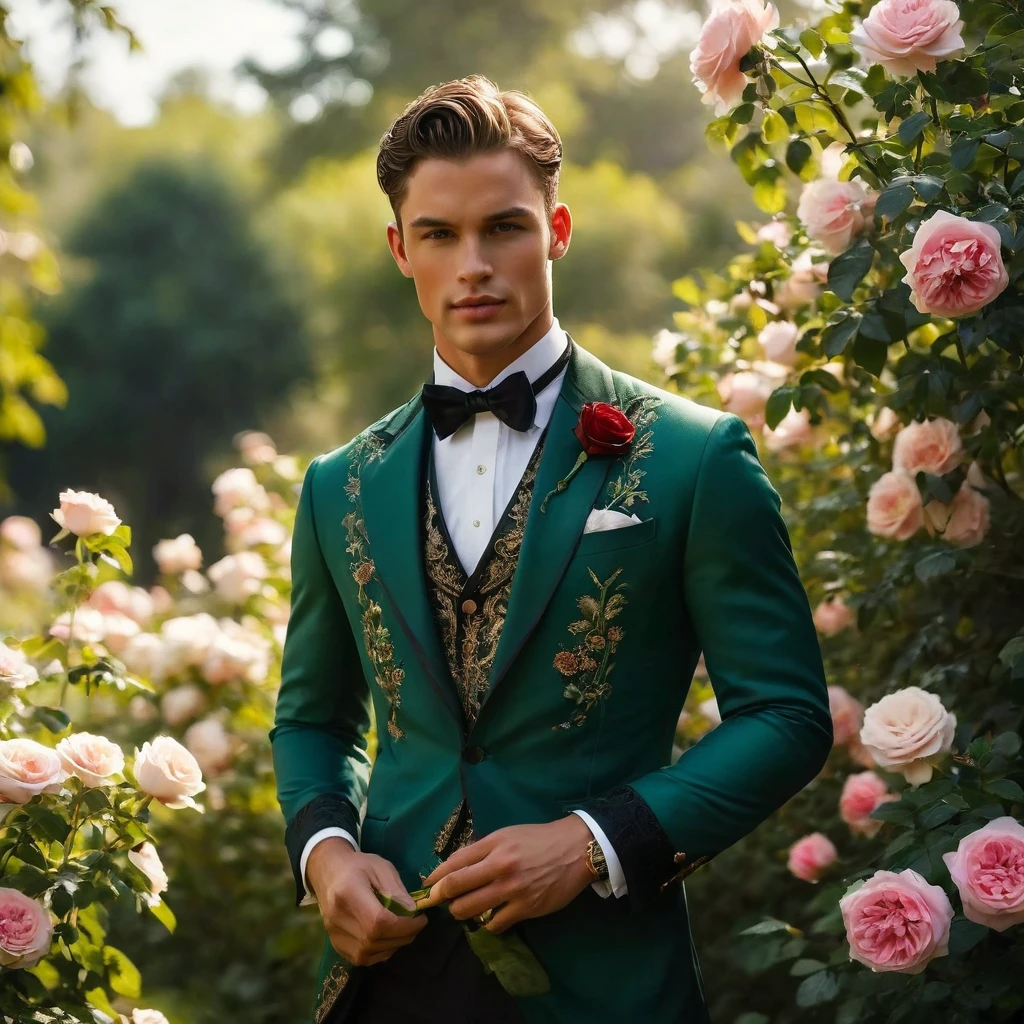 Create an image of a young man inspired by the characteristics of the rose 'The Prince.' He standing with a relaxed yet confident posture, one hand resting lightly on a hip while the other gently brushes against a rose bush. His clothing should feature deep rich colors like dark purple and crimson red, with a tailored, Victorian-inspired suit adorned with intricate embroidery and subtle thorn-like details on his accessories. His attire should echo the complex, multi-petaled structure of the rose, with layers and textures that add depth to his appearance. The composition should center on the young man, with a slight off-center placement to draw the eye towards him while still incorporating the lush green garden background. The lighting should be soft and diffused, with golden-hour sunlight filtering through the leaves, creating a warm, inviting atmosphere. Use a shallow depth of field to keep the focus on the subject while gently blurring the background, enhancing the dreamy, almost ethereal quality of the scene. The environment should be a well-tended garden, with glossy green leaves and blooming roses that match the man's attire, creating a harmonious blend between the subject and his surroundings. The atmosphere should be serene and regal, with a hint of mystery and romance. Photography techniques should include a low-angle shot to emphasize the young man's stature and elegance, and a slight tilt to add a dynamic element to the composition. Use a full-frame DSLR or mirrorless camera, such as a Canon EOS R5 or a Sony A7R IV, paired with a prime lens like an 85mm f/1.4 to achieve a beautiful bokeh effect and sharp subject focus. For inspiration, consider the works of photographers like Tim Walker, known for his fantastical and richly detailed fashion photography, which often features elements of nature and a dreamlike quality.