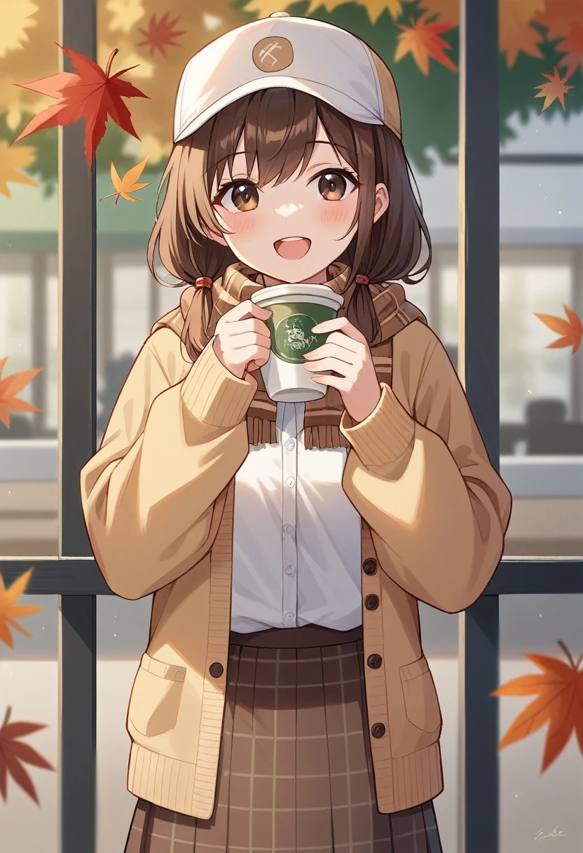 1 girl, Autumn leaves, hits, black hats, blurred background, blush, Ojos Cafés, Brown hair, brown scarf, brown Skirt, cardigan, Café, cowboy shot, cup, disposable cup, to drink, Leaves falling, cap, tenure, tenure to drink, move, wide, long sleeves, looking at the viewer, open cardigan, Open mouth, tartan, tartan Skirt, puffy long sleeves, red sweater, scarf, shirt, shirt tucked in, Side locks, Skirt, SMILE, Alone, sweater, white shirt, extremely detailed, intricate, Masterpiece, absurdities