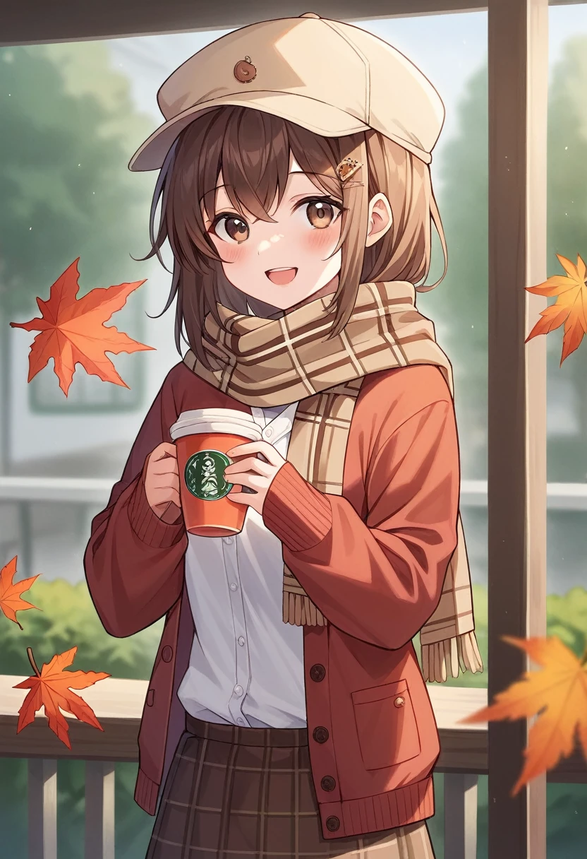 1 girl, Autumn leaves, hits, black hats, blurred background, blush, Ojos Cafés, Brown hair, brown scarf, brown Skirt, cardigan, Café, cowboy shot, cup, disposable cup, to drink, Leaves falling, cap, tenure, tenure to drink, move, wide, long sleeves, looking at the viewer, open cardigan, Open mouth, tartan, tartan Skirt, puffy long sleeves, red sweater, scarf, shirt, shirt tucked in, Side locks, Skirt, SMILE, Alone, sweater, white shirt, extremely detailed, intricate, Masterpiece, absurdities