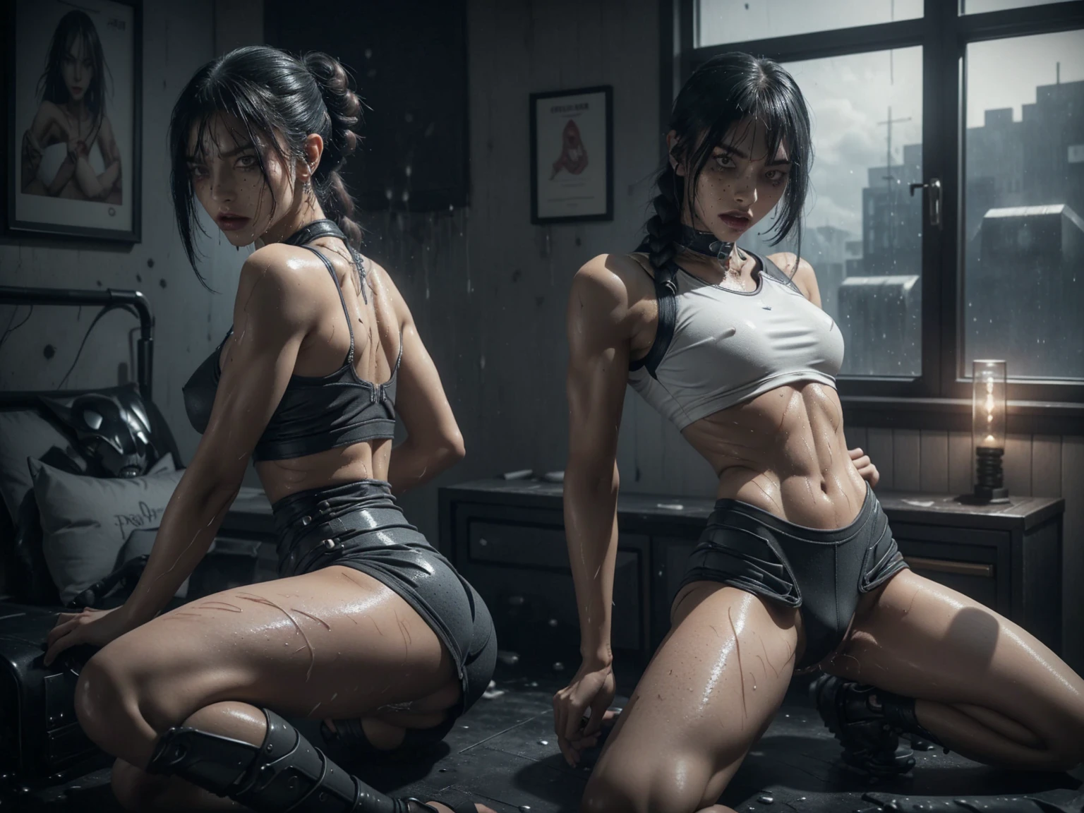 braided ponytails, ((short skirt)) (((Slutty skintight cybernetic Full AI skin and anatomy))), ((slutty braided hair)), ((She is in your bedroom, slutty )), Perfect back view of her tight butt, full body picture, she is a seductive slut, Perfect proportions, she has a perfect Ass... she wants to put your tiny shrunken body deep inside of her pussy, short hair with bangs and ponytails, beautiful horror, domination, death by pussy insertion, skinny sexy and slutty woman, she needs to have your tiny shrunken body deep inside of her pussy.... she wants you to choke inside of her pussy, she is the embodiment of sexual domination and lust, she is perfect, you are her prey, you are about to die inside of her pussy, small tight ass, giantess domination, human sex toy, helpless, she is a giantess and she wants to use your tiny shrunken body as a human dildo..., perfect anatomy, perfect arms and hands, better detail on her eyes... make her eyes look scary and beautiful, perfect sexy and slutty athletic body, perky nipples, wet, white cum, perfect tight butt, black hair, perfect legs and thighs, tight wet pussy, white dripping cum, ((Perfect eyes and face)), ((closed wet full lips)), ((perfect hands and fingers)), ((( a lot of white cum is dripping out of her pussy))), ((she has a very skinny and toned strong body)), ((makeup)), ((freckles)), ((perfect eyebrows)), ((sharper edges)), ((perfect scary grey eyes)), perfect face, slut, sadistic, predatory, better detail on her skin, perfect face and strong jawline, perfect full wet lips, sadistic atmosphere, wet sweaty skin, beautiful intimidating grey eyes, ((beautiful horror)), better lighting, more toned muscles, perfect detail on her intimidating eyes, very tight underwear, ((tight pussy)), (((tighter clothing))), slutty, intense, perfect detail, ((piercings)), better detail on her bellybutton, skinny, skinny and strong, more skin showing, intense, slutty, freckles, long skinny perfect legs, scary and intense, super slutty