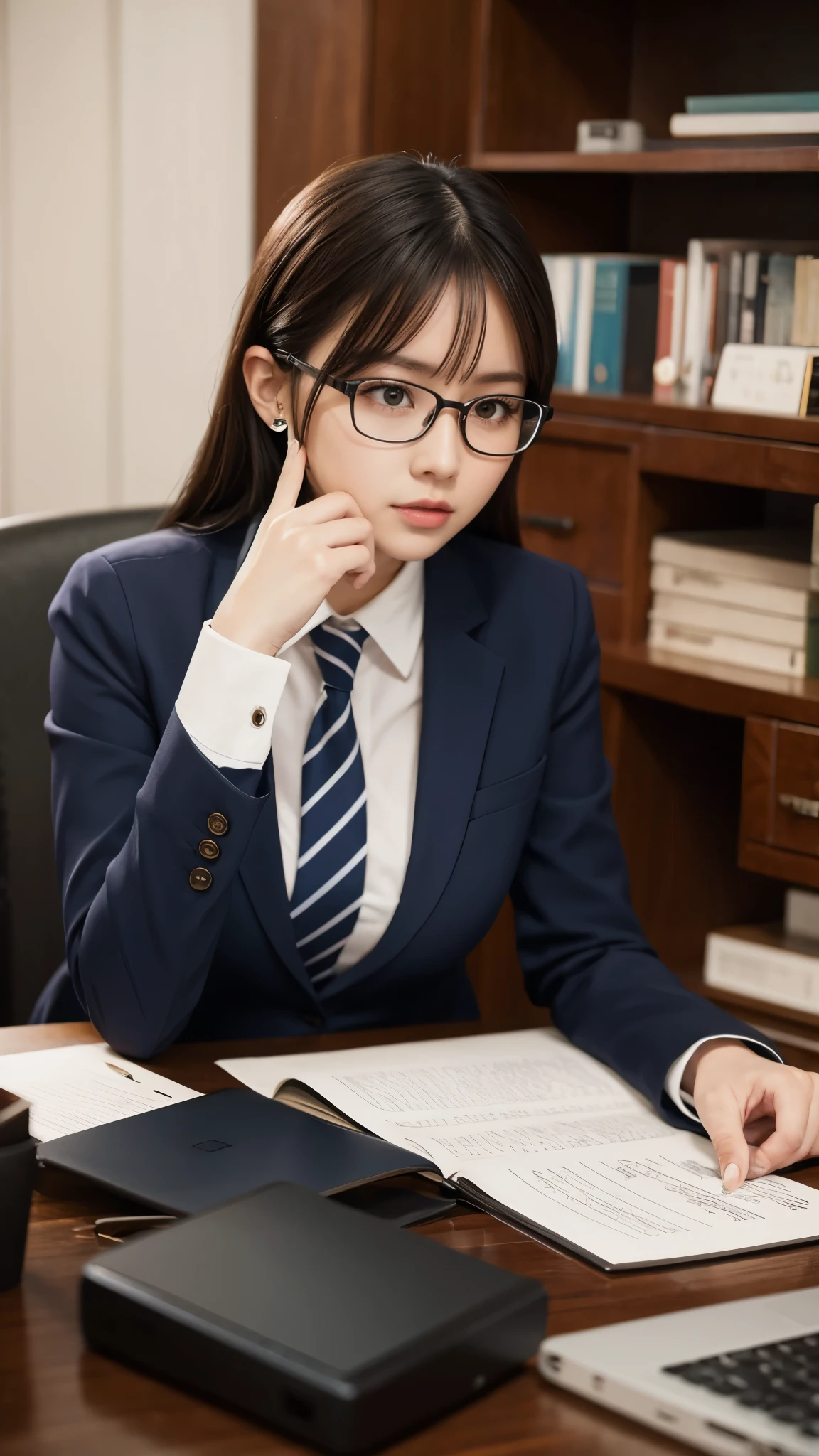 Secretary's attire,Sexy beauty ,,Woman sitting on shelf,Crossing your legs,Against the background of the sky,,Brown Hair,Wear glasses,Highest quality,masterpiece