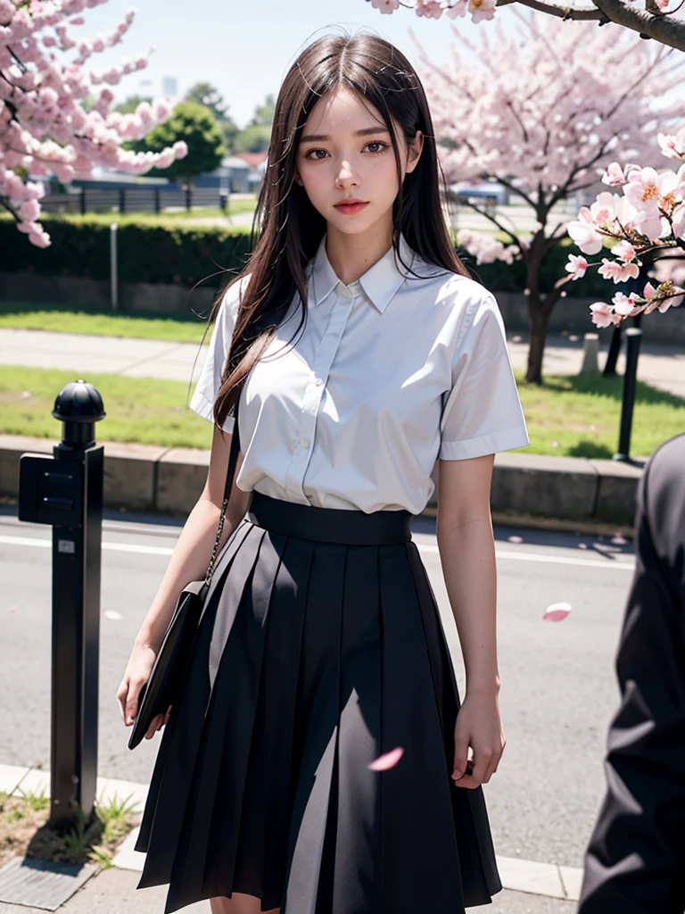 1girl, black skirt, branch, building, chain-link fence, cherry blossoms, fence, long hair, outdoors, petals, pleated skirt, rain, shirt, short sleeves, skirt, solo, standing, tree,
sky,street,Raw, cinematic shot, (sharp focus:1.5), (photorealistic:1.4), twilight lighting, volumetric lighting, ultra high res, 16K,dramatic lighting,