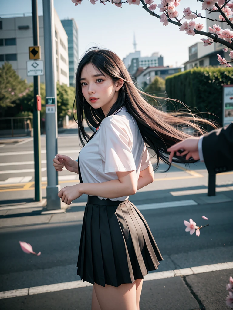 1girl, black skirt, branch, building, chain-link fence, cherry blossoms, fence, long hair, outdoors, petals, pleated skirt, rain, shirt, short sleeves, skirt, solo, standing, tree,
sky,street,Raw, cinematic shot, (sharp focus:1.5), (photorealistic:1.4), twilight lighting, volumetric lighting, ultra high res, 16K,dramatic lighting,