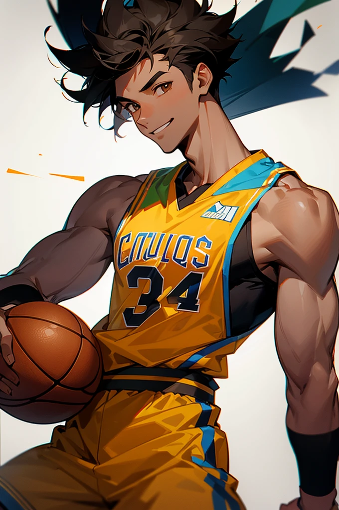male, Tall (6'2"), muscular build, short black hair, dark brown eyes, dark skin, usually in basketball gear or casual clothing, charismatic and often smiling.