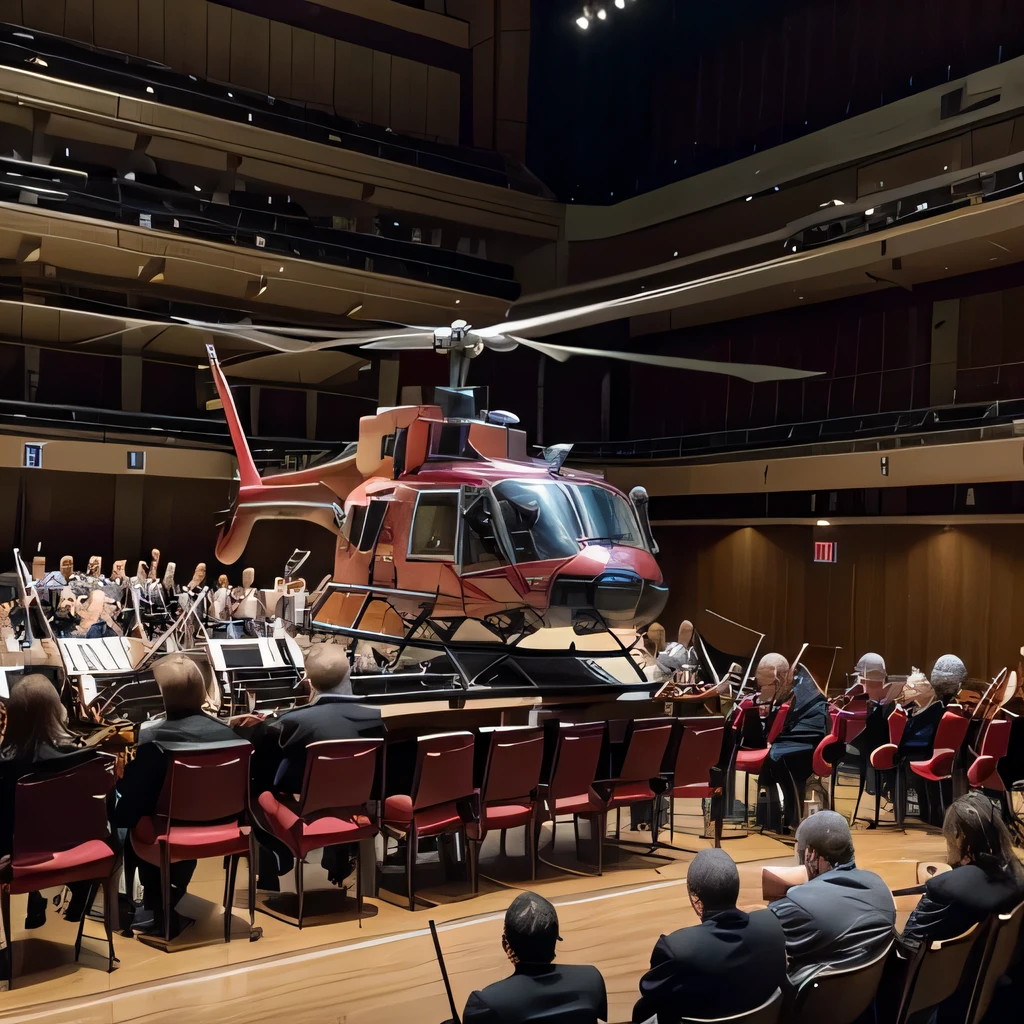 best quality, ultra-detailed, realistic, (red transport helicopter, UH-60, flying:1.4), BREAK (concert hall, orchestra:1.3), from behind