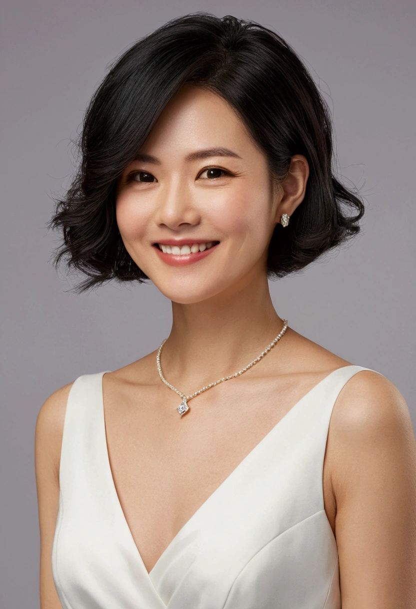 delicate high resolution Wife Shortcut Hair Style アジアのWife 80age Black Hair Beautiful neckline Beautiful posture smile have confidence Left facing healthy