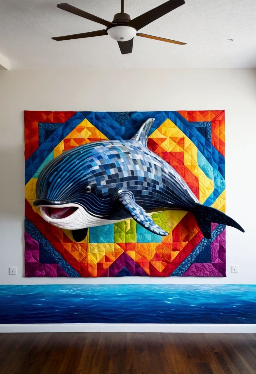 ( A HUBBACK WHALE,A RAY AND SEA STARS ),(best pose),(best angle), (best expression), Eduardo Kobra quilting ,multidimensional geometric wall PORTRAIT, until, chibi,at 8am, appealing, Coloring,