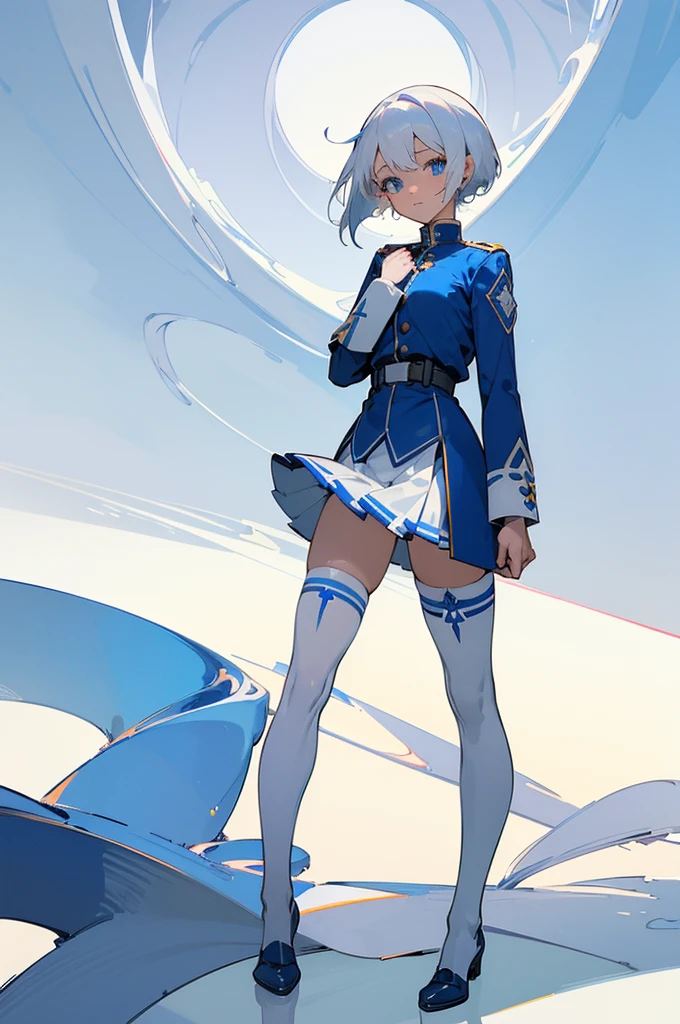 ((masterpiece)), (((best quality))), 1girl, white hair, short hair, clear blue eyes, adventurer, full body, standing upright (white and blue military uniform, center white, outer blue, symetrical, no frills, white thigh highs), short pleated skirt, white background, very detailed eyes, detailed face, front, facing viewer