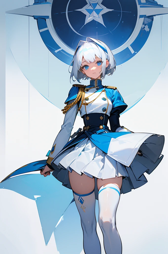 ((masterpiece)), (((best quality))), 1girl, white hair, short hair, clear blue eyes, adventurer, full body, standing upright (white and blue military uniform, center white, outer blue, symetrical, no frills, white thigh highs), short pleated skirt, white background, very detailed eyes, detailed face, front, facing viewer