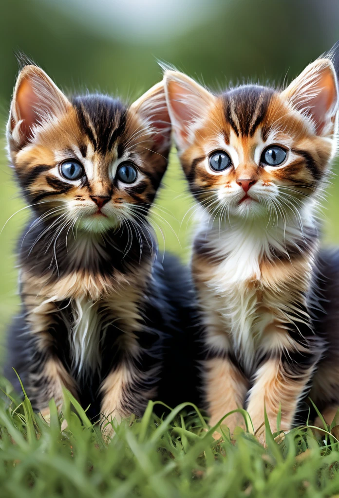 a group of three kittens huddled together on a grassy field, two tabby colored kittens and one black kitten, detailed fur textures, adorable expressions, photorealistic, 8k, ultra-detailed, realistic lighting, soft focus, natural colors, shallow depth of field