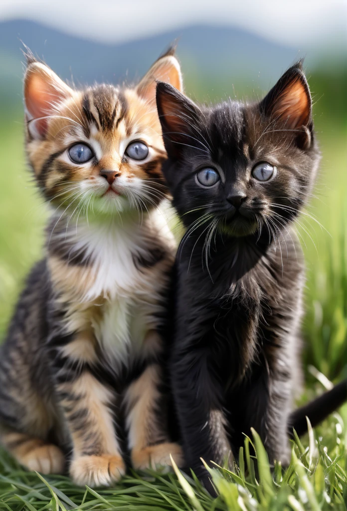 a group of three kittens huddled together on a grassy field, two tabby colored kittens and one black kitten, detailed fur textures, adorable expressions, photorealistic, 8k, ultra-detailed, realistic lighting, soft focus, natural colors, shallow depth of field