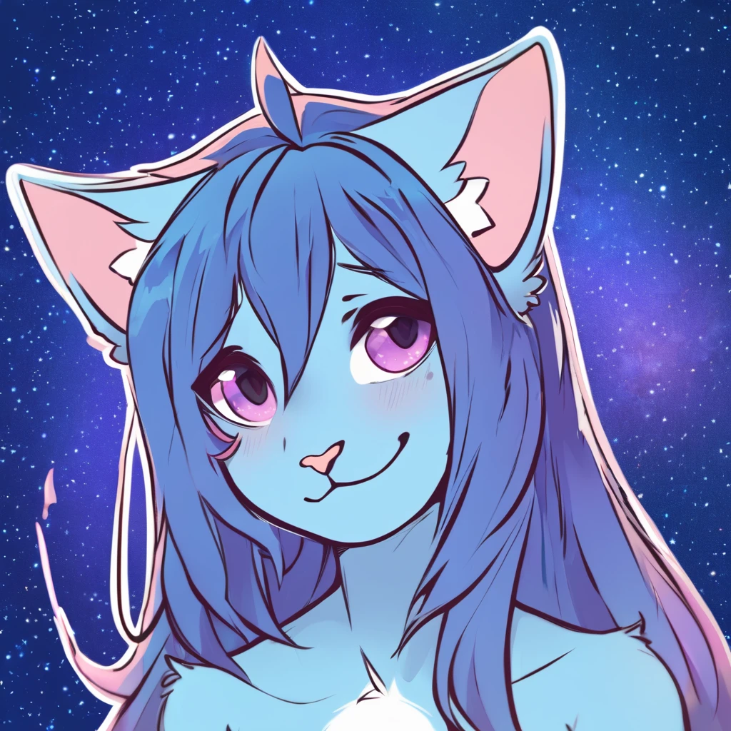 adult, feline, mammal, anthro, anthropomorphic, cat, striped, fur, striped_feline, fur, furred_anthro, femboy, male, light_blue chest cerulean_hair, fluffy, ears, azure_blue_ears, purple_eyes, cerulean_hair, expressive eyes, feline_ears, azure_blue_fur, light_blue_chest, shy, small_pupils, digital_art, high_resolution, high_res, hand-drawn, pencil_lines, head_visible, background, neck_visible, seductive_face, white_outline, profile_picture, head_visible, tail, blue_galaxy_background, galaxy, smiling, girly_hair, long_hair, cute_hair,