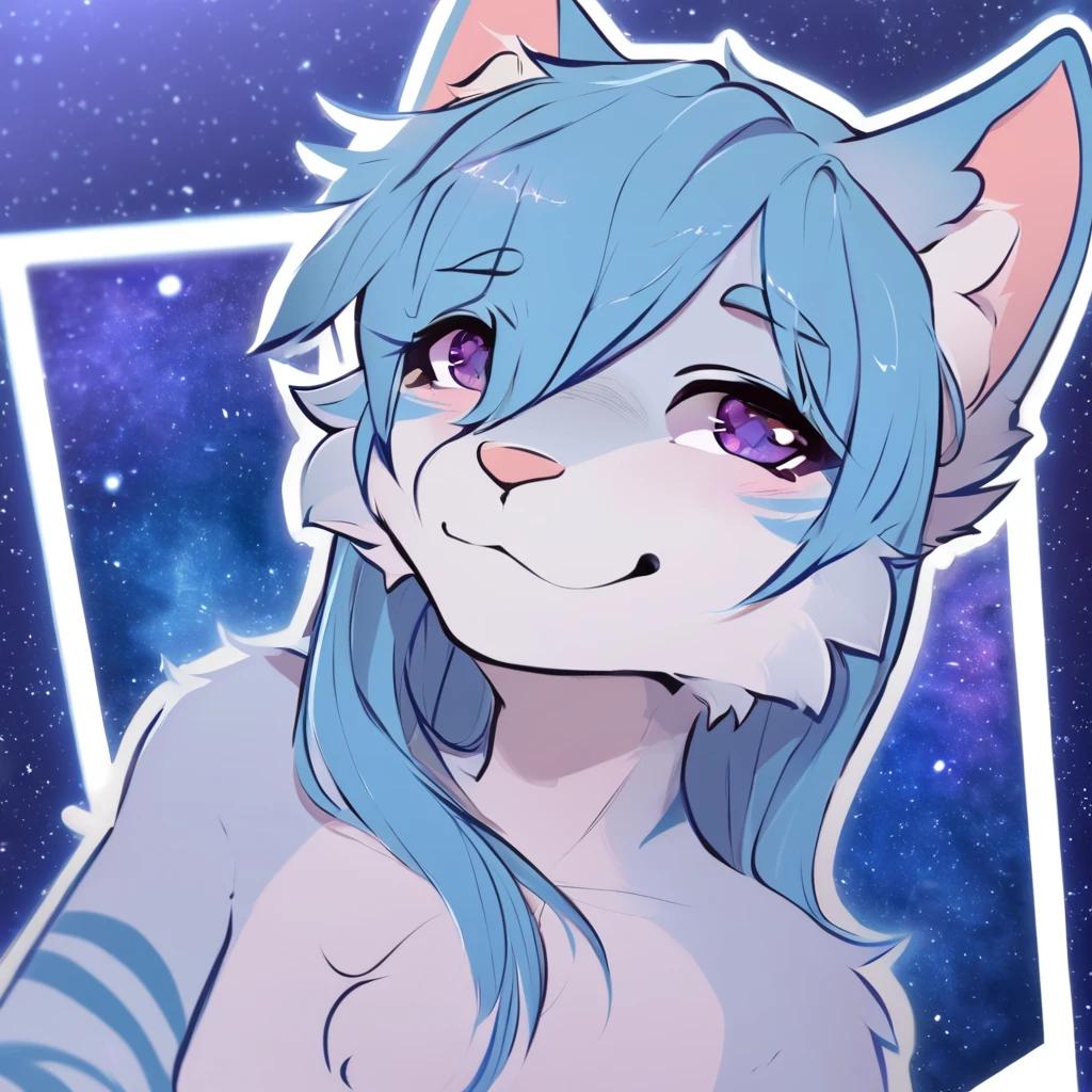 adult, feline, mammal, anthro, anthropomorphic, cat, striped, fur, striped_feline, fur, furred_anthro, femboy, male, light_blue chest cerulean_hair, fluffy, ears, azure_blue_ears, purple_eyes, cerulean_hair, expressive eyes, feline_ears, azure_blue_fur, light_blue_chest, shy, small_pupils, digital_art, high_resolution, high_res, hand-drawn, pencil_lines, head_visible, background, neck_visible, seductive_face, white_outline, profile_picture, head_visible, tail, blue_galaxy_background, galaxy, smiling, girly_hair, long_hair, cute_hair,