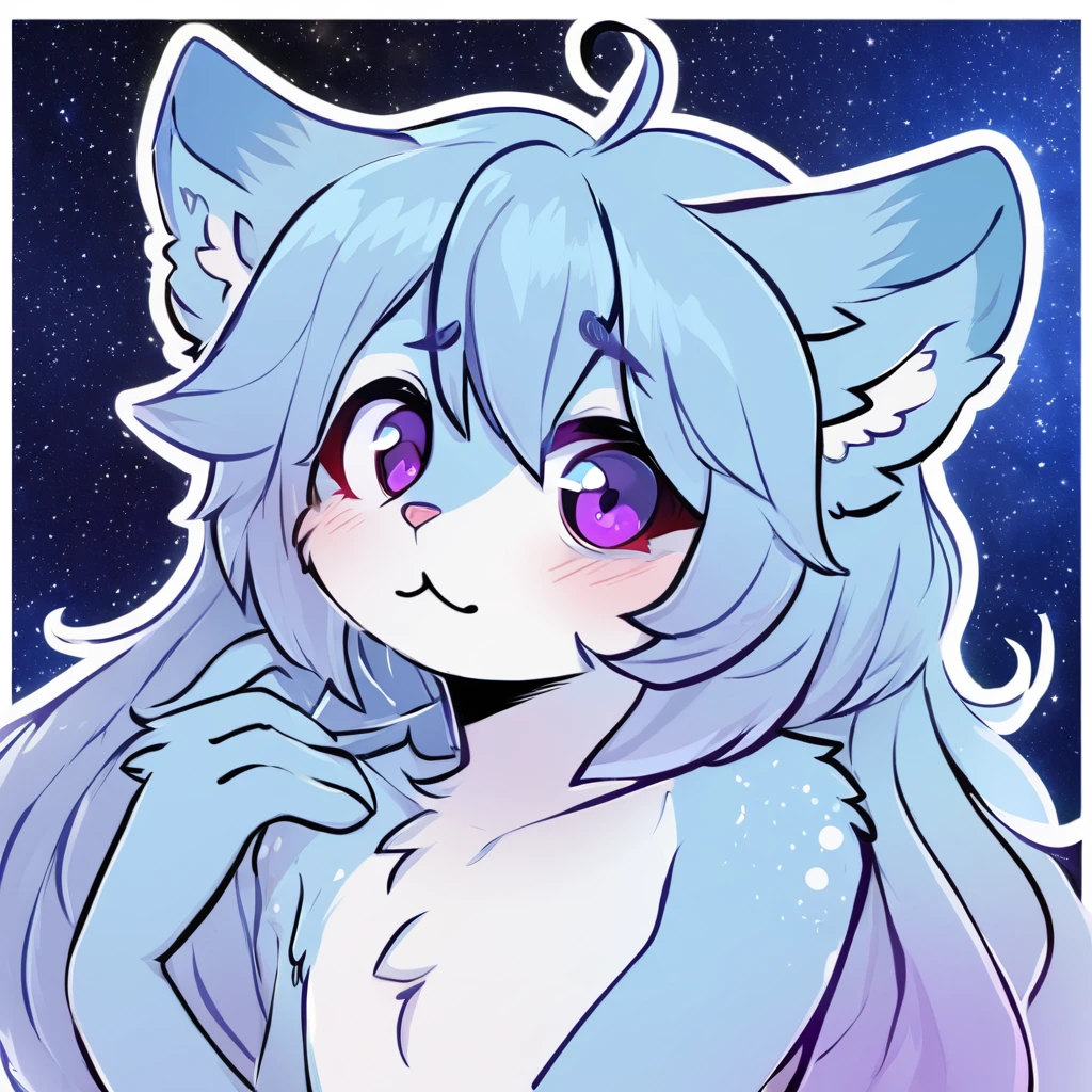 adult, feline, mammal, anthro, anthropomorphic, cat, striped, fur, striped_feline, fur, furred_anthro, femboy, male, light_blue chest cerulean_hair, fluffy, ears, azure_blue_ears, purple_eyes, cerulean_hair, expressive eyes, feline_ears, azure_blue_fur, light_blue_chest, shy, small_pupils, digital_art, high_resolution, high_res, hand-drawn, pencil_lines, head_visible, background, neck_visible, seductive_face, white_outline, profile_picture, head_visible, tail, blue_galaxy_background, galaxy, smiling, girly_hair, long_hair, cute_hair,