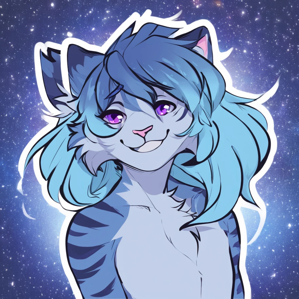 adult, feline, mammal, anthro, anthropomorphic, cat, striped, fur, striped_feline, fur, furred_anthro, femboy, male, light_blue chest cerulean_hair, fluffy, ears, azure_blue_ears, purple_eyes, cerulean_hair, expressive eyes, feline_ears, azure_blue_fur, light_blue_chest, shy, small_pupils, digital_art, high_resolution, high_res, hand-drawn, pencil_lines, head_visible, background, neck_visible, seductive_face, white_outline, profile_picture, head_visible, tail, blue_galaxy_background, galaxy, smiling, girly_hair, long_hair, cute_hair,
