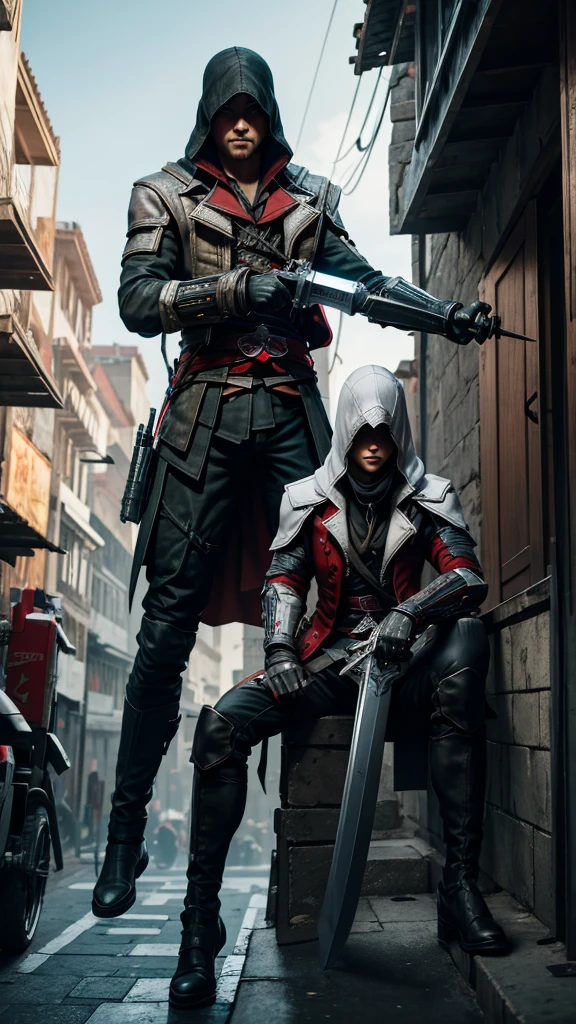 Two Cyberpunk Assassin's Creed Holding a sword, Climb on the rafters on the wall on the restaurant street on a modern street. Robots work everywhere. Modern weapons. Modern red suit. Electronic city. Modern weapons. White suit. Hold the blade.Metal robot arm.
Hold gun.