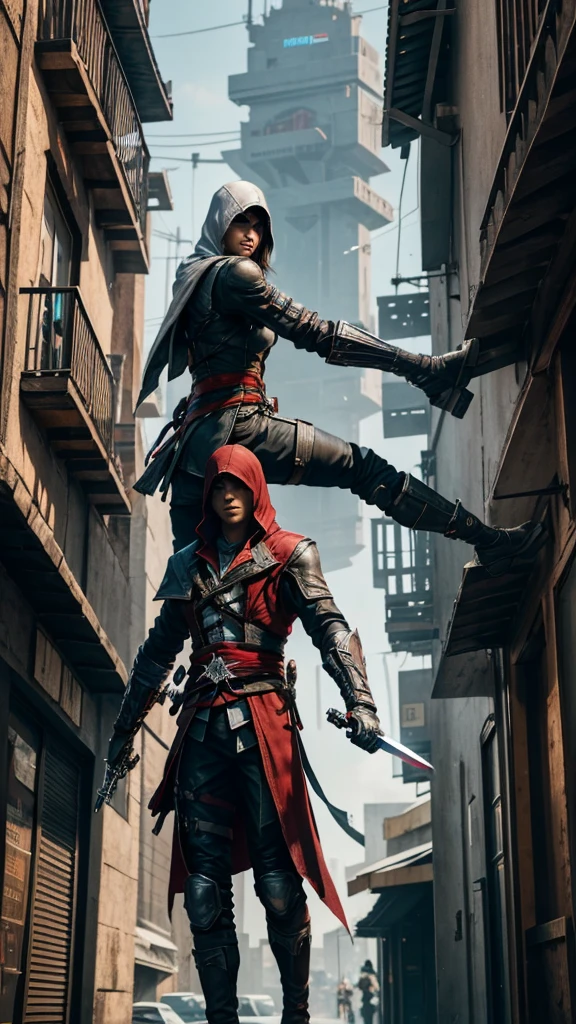 Two Cyberpunk Assassin's Creed Holding a sword, Climb on the rafters on the wall on the restaurant street on a modern street. Robots work everywhere. Modern weapons. Modern red suit. Electronic city. Modern weapons. White suit. Hold the blade.Metal robot arm.
Hold gun.