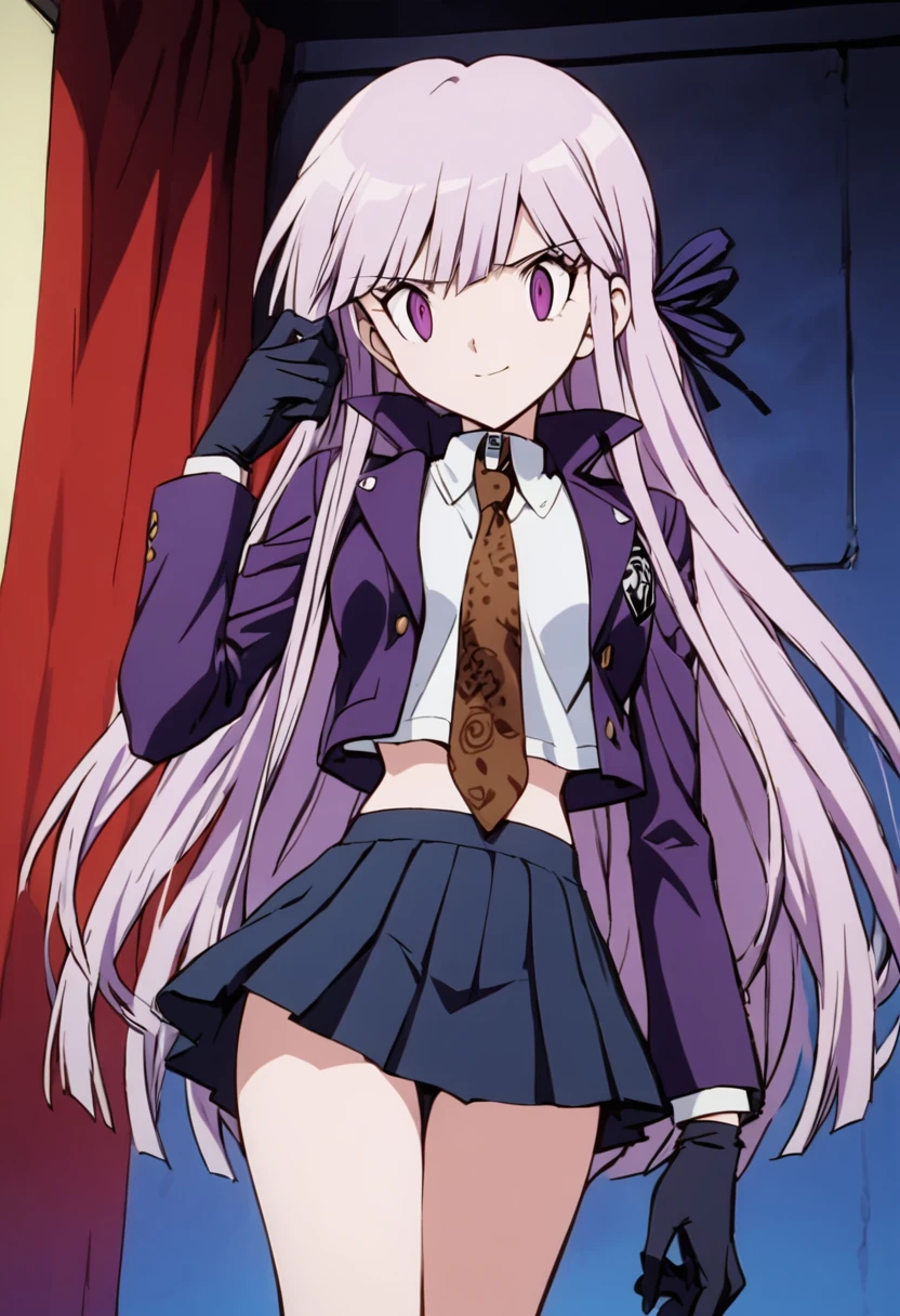 ((masterpiece,High resolution,Highest quality,8K,Detailed faces and anatomy))
(****************,Danganronpa,Kyouko Kirigiri,Purple Hair,Long Hair,Side braiding,Purple eyes,slender)(Black Ribbon,Black gloves,White collared shirt,Purple open jacket,Black pleated skirt,Brown tie,Printed necktie)smile,Touching your hair