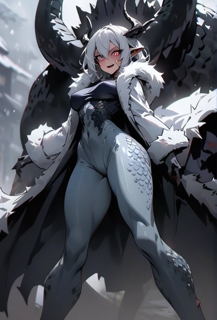 (High resolution, best quality, masterpiece), detailed, ultra detail, 1female, physically fit, curvy, slender body, fierce expression, dark eyes, smiling(detailed eyes), white hair, short length hair, full body, ((dragon horns)), ((face: dragon scales)), face covered in scales, ((topwear: fur lined coat, bottomwear: tight jeans)), snowy background, part draconic, somber expression, inhuman, reptilian skin