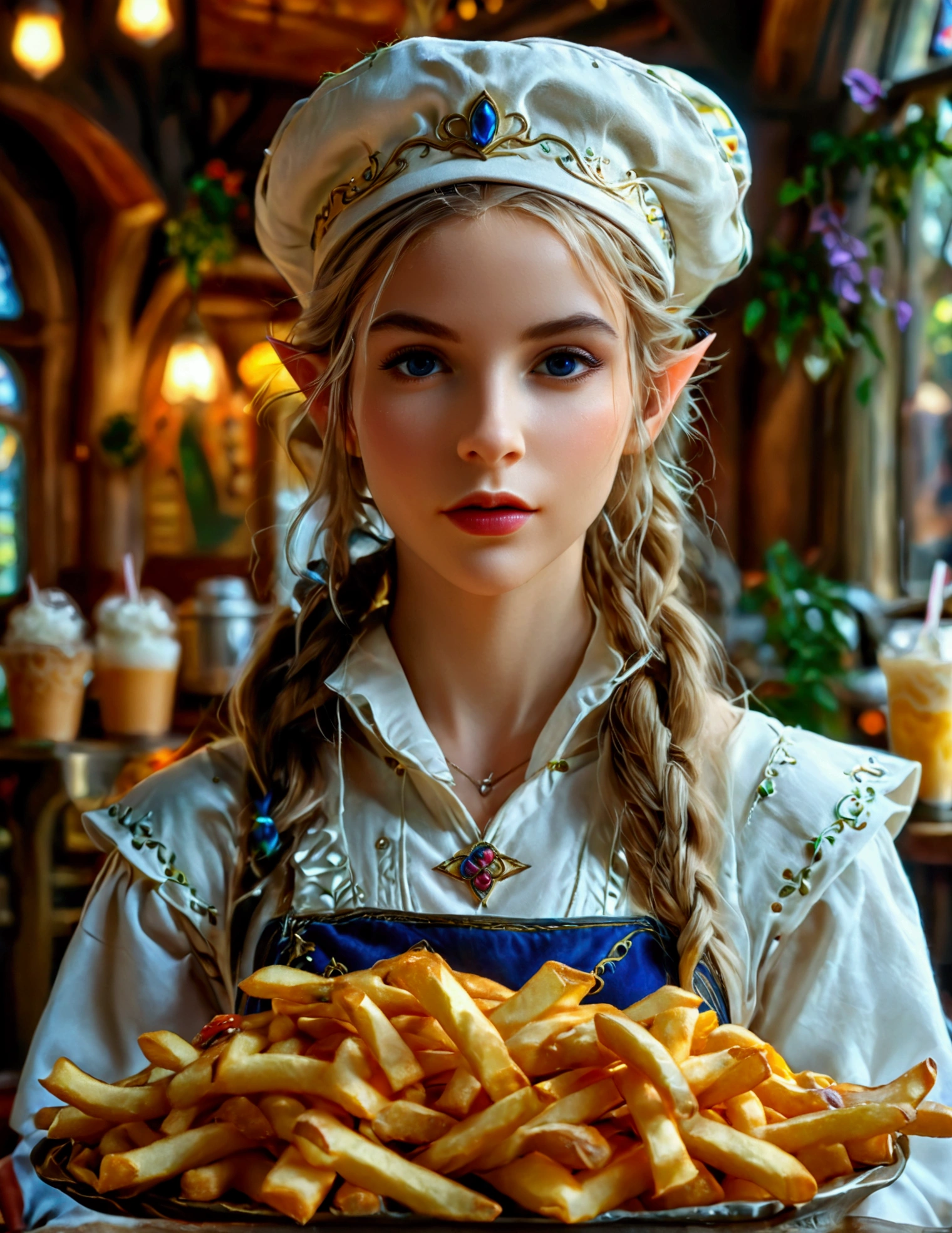 A beautiful elven princess working as a fast food server at Merlin's, wearing an apron and cap, serving magic milkshakes and baskets of fries, high fantasy, extremely detailed, intricate details, photorealistic, 8k, dramatic lighting, vivid colors, cinematic composition, fantasy elements, fantasy food, fantasy restaurant interior