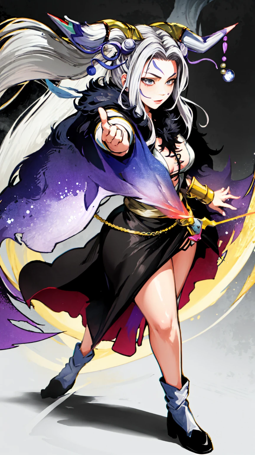 masterpiece, hyperrealistic, best quality, full body image, combat stance, (ultimecia from ffviii), horns, facial markings, white hair, time sorceress ultimecia's dress, purple magical energy around her