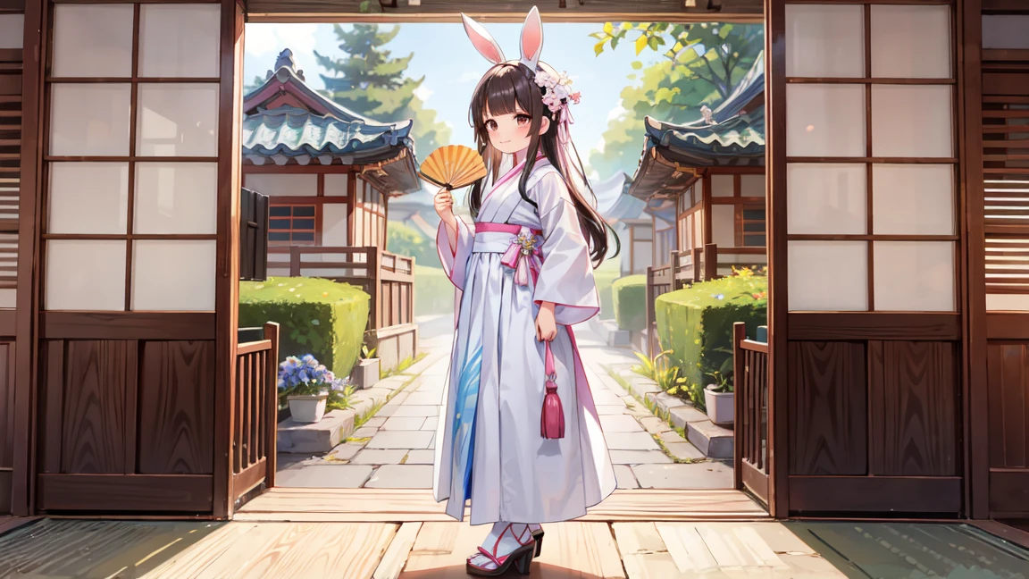 "A beautiful Korean bunny girl, wearing a hanbok-inspired bunny outfit. She has long black hair styled in a sleek, straight fashion, with bangs, soft brown eyes, and a charming smile. The outfit includes a hanbok-style corset with vibrant colors like pink and blue, a traditional ribbon, matching high heels, and a pair of fluffy white bunny ears adorned with small traditional Korean ornaments. She is holding a delicate Korean fan. She is standing in a traditional Korean hanok house with wooden architecture, sliding doors, and a beautiful garden with blossoming flowers in the background. The atmosphere is harmonious and culturally rich, capturing the essence of Korean heritage."