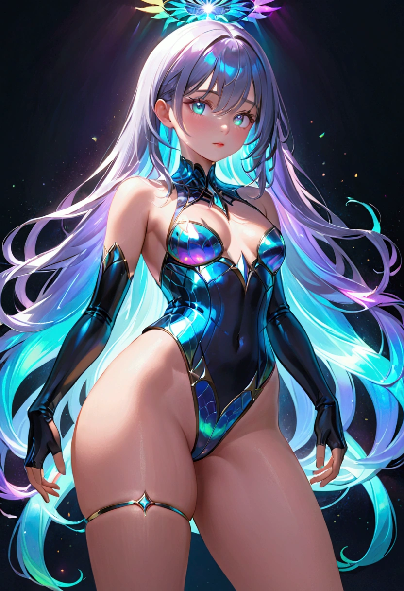 Girl, long dark iridescent hair, iridescent eyes, large thighs, small waist, small breast, modern wear
