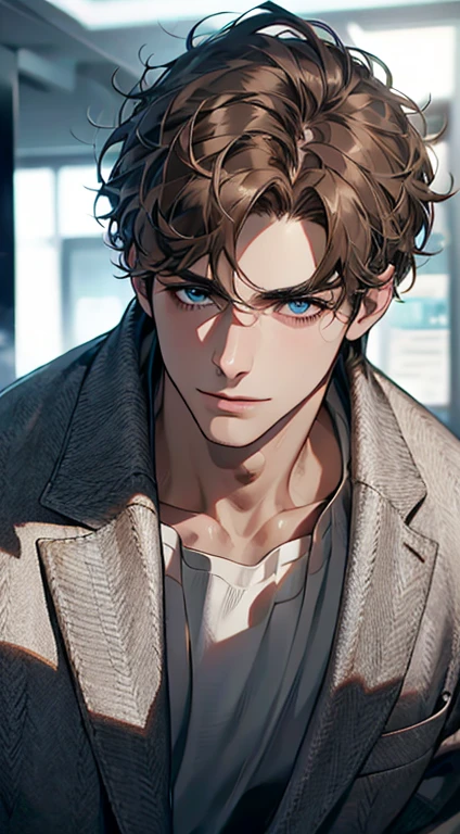 (best quality,4k,8k,highres,masterpiece:1.2),ultra-detailed,(realistic,photorealistic,photo-realistic:1.37),1 man,31 years old,mature man,very handsome,without expression,smile,short grey brown hair,blue eyes,penetrating gaze,perfect face without errors,imposing posture,businessman,office background,cinematic lighting,hdr image