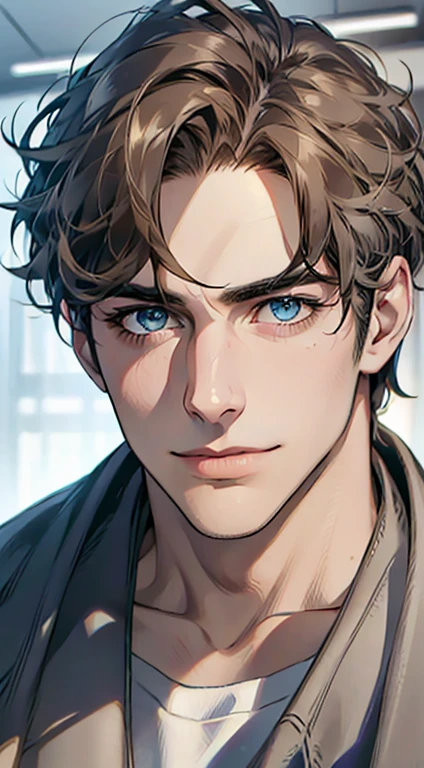 (best quality,4k,8k,highres,masterpiece:1.2),ultra-detailed,(realistic,photorealistic,photo-realistic:1.37),1 man,31 years old,mature man,very handsome,without expression,smile,short grey brown hair,blue eyes,penetrating gaze,perfect face without errors,imposing posture,businessman,office background,cinematic lighting,hdr image