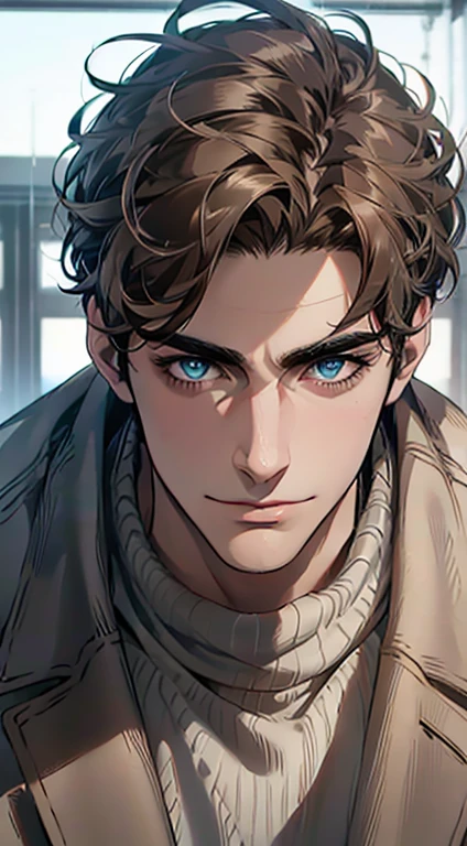 (best quality,4k,8k,highres,masterpiece:1.2),ultra-detailed,(realistic,photorealistic,photo-realistic:1.37),1 man,31 years old,mature man,very handsome,without expression,smile,short grey brown hair,blue eyes,penetrating gaze,perfect face without errors,imposing posture,businessman,office background,cinematic lighting,hdr image
