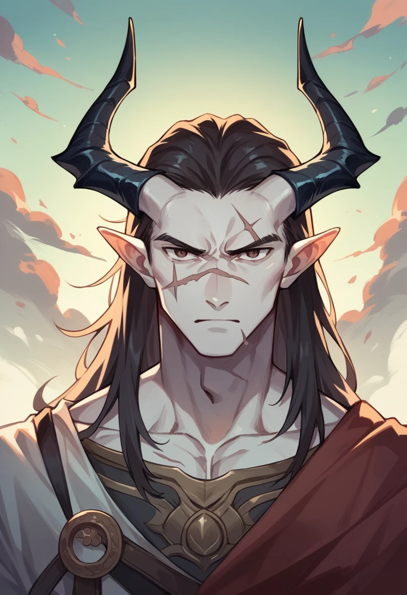 A man of about 19 years old, somewhat pale skin with long hair and brown eyes. , a scar on the bottom of his left eyes, horns like a dragon , in a landscape of an 18th century city with assassin&#39;s clothes 