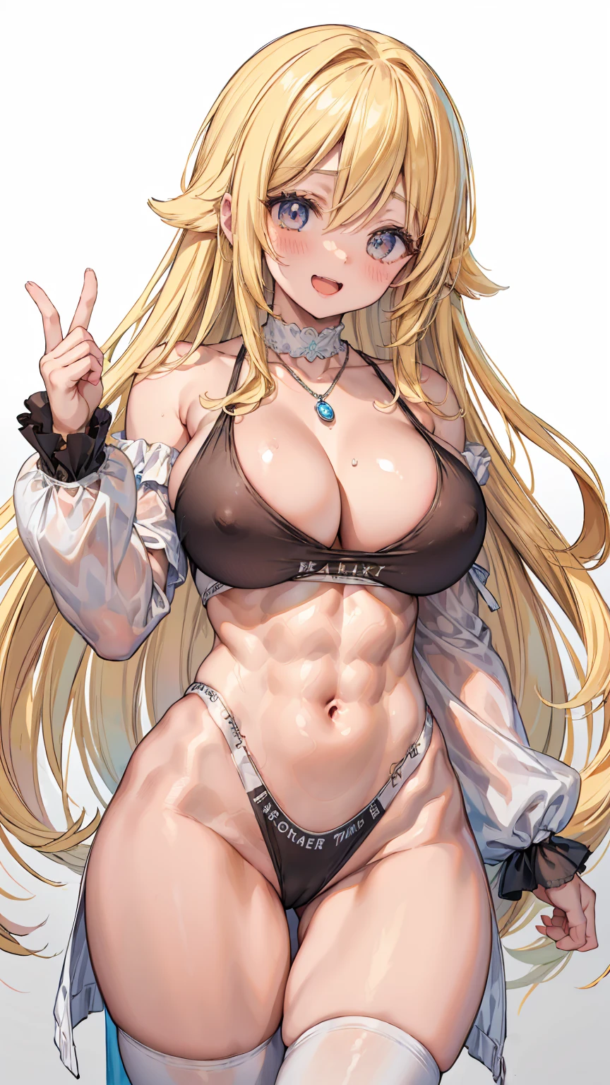 Super detailed、Highest quality、Best image quality、masterpiece、8K、(NSFW)、(shoulder-length blonde hair、Medium Long Hair)、(laugh:1.3、Open Mouth) 、(cheerful)、(tareme)、(big eyes)、(Beautiful shining eyes)、(High Detail Eyes)、(puffy eyes)、(Big Tits:1.5、topless:1.3、necklace)、((SFW Huge Body))、Cowboy Shot、(high waist Thong ,long sleeves) 、(ckundies)、(((Front view)))