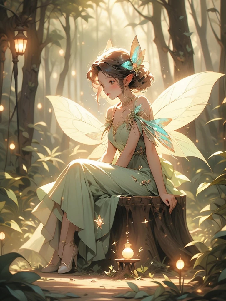 a fairy fairy sitting on a stump in the forest with glowing lights, fairy cgsociety, magic fairy forest, fantasy gorgeous lighting, faerie, fairy, faeries, beautiful fairy, fairy atmosphere, very magical and dreamy, fairy wings, glowing with magic, fairies, beautiful fairie, fairy dust in the air, great pinterest photo, fairy forest, fairy aesthetics