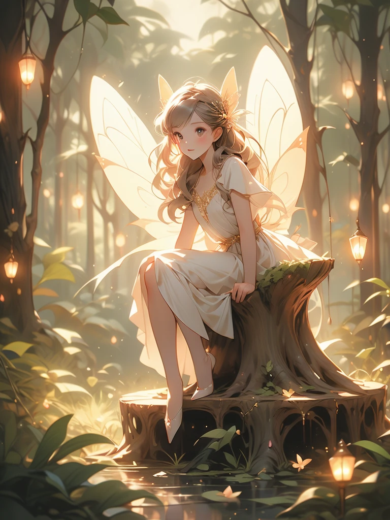 a fairy fairy sitting on a stump in the forest with glowing lights, fairy cgsociety, magic fairy forest, fantasy gorgeous lighting, faerie, fairy, faeries, beautiful fairy, fairy atmosphere, very magical and dreamy, fairy wings, glowing with magic, fairies, beautiful fairie, fairy dust in the air, great pinterest photo, fairy forest, fairy aesthetics