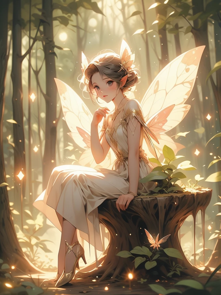 a fairy fairy sitting on a stump in the forest with glowing lights, fairy cgsociety, magic fairy forest, fantasy gorgeous lighting, faerie, fairy, faeries, beautiful fairy, fairy atmosphere, very magical and dreamy, fairy wings, glowing with magic, fairies, beautiful fairie, fairy dust in the air, great pinterest photo, fairy forest, fairy aesthetics