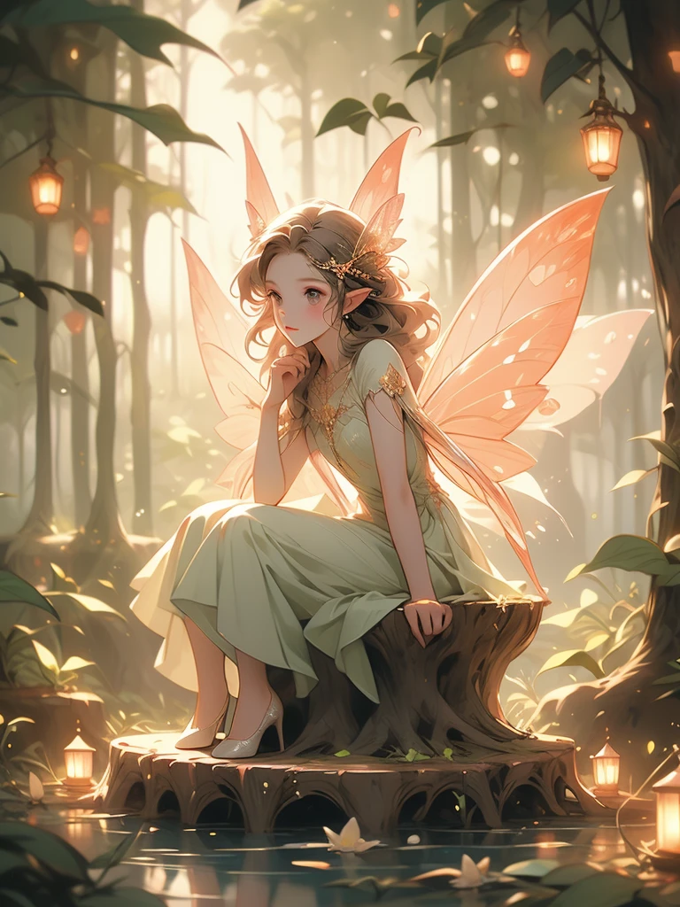 a fairy fairy sitting on a stump in the forest with glowing lights, fairy cgsociety, magic fairy forest, fantasy gorgeous lighting, faerie, fairy, faeries, beautiful fairy, fairy atmosphere, very magical and dreamy, fairy wings, glowing with magic, fairies, beautiful fairie, fairy dust in the air, great pinterest photo, fairy forest, fairy aesthetics