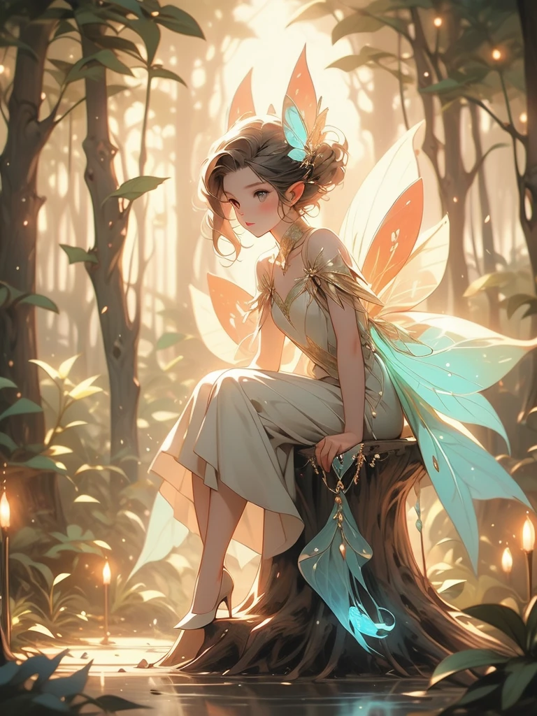 a fairy fairy sitting on a stump in the forest with glowing lights, fairy cgsociety, magic fairy forest, fantasy gorgeous lighting, faerie, fairy, faeries, beautiful fairy, fairy atmosphere, very magical and dreamy, fairy wings, glowing with magic, fairies, beautiful fairie, fairy dust in the air, great pinterest photo, fairy forest, fairy aesthetics